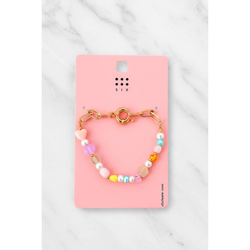دستبند مهره ای ترکیبی با زنجیر طلایی برند six