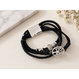 دستبند چرمی مشکی با آویز درخت زندگی و قفل مگنتی برند accessories
