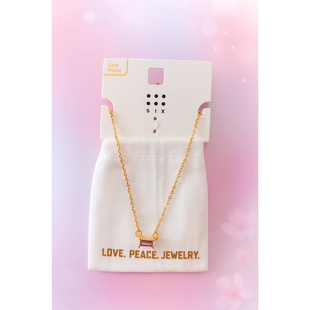 گردنبند ظریف روکش طلا و رنگ ثابت با پلاک نگین بنفش برند six