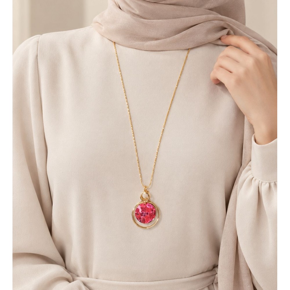 گردنبند زنانه طلایی بلند رنگ ثابت با پلاک دایره ای طرح گل برند accessories