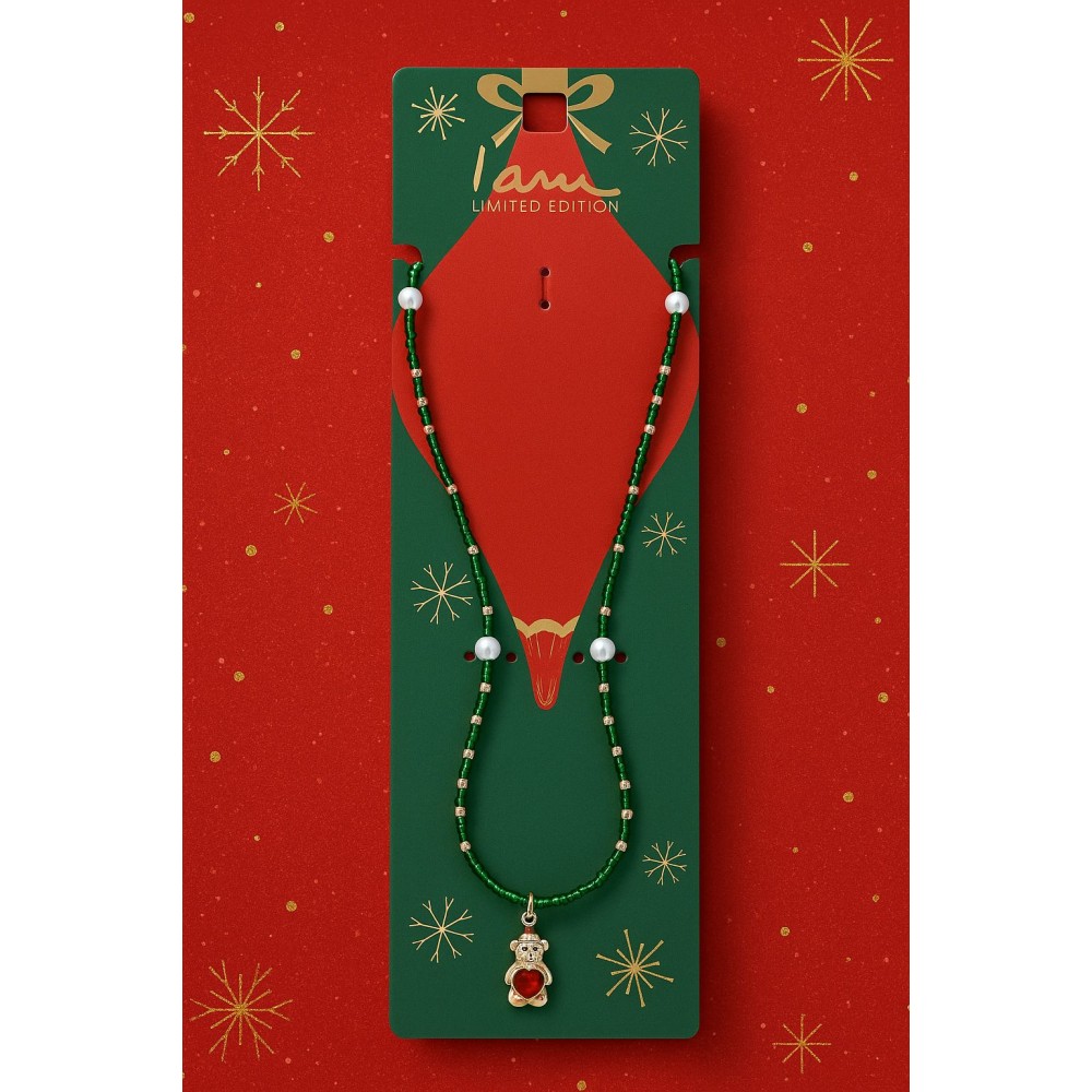 گردنبند دخترانه مرواریدی سبز با پلاک خرس فانتزی برند I am