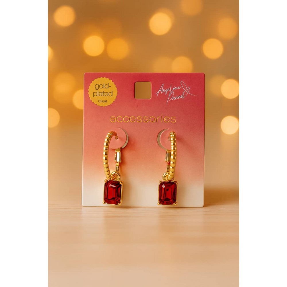 گوشواره حلقه ای روکش طلا با آویز نگین قرمز برند accessories