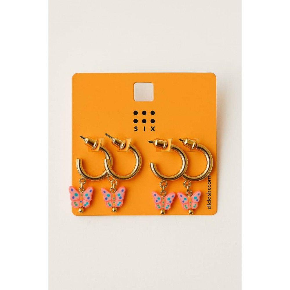 گوشواره نیم حلقه ای طلایی آویزدار پروانه ای برند six