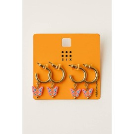 گوشواره نیم حلقه ای طلایی آویزدار پروانه ای برند six