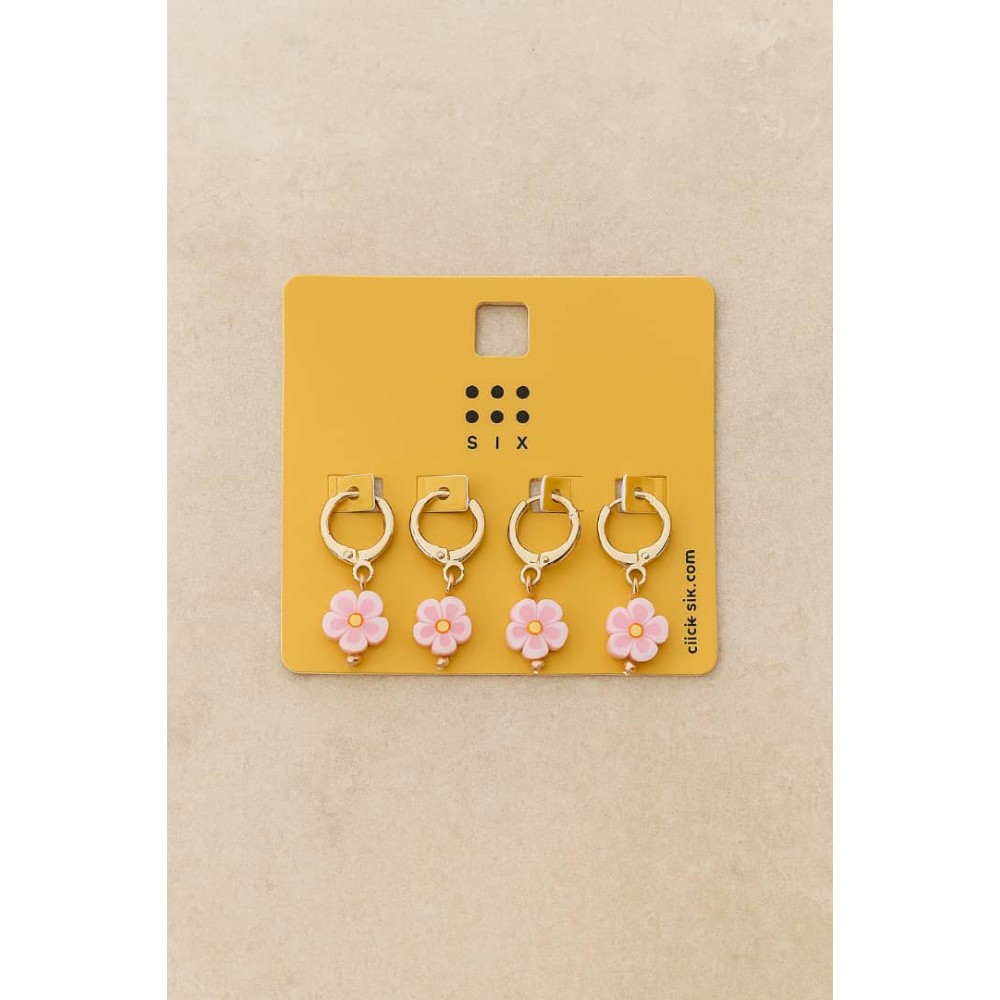گوشواره حلقه ای آویز گل صورتی برند six