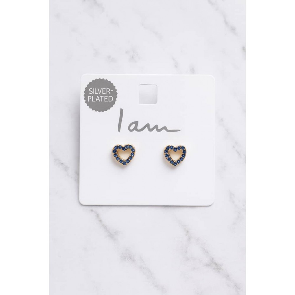 گوشواره میخی قلب روکش نقره با نگین های آبی برند I am