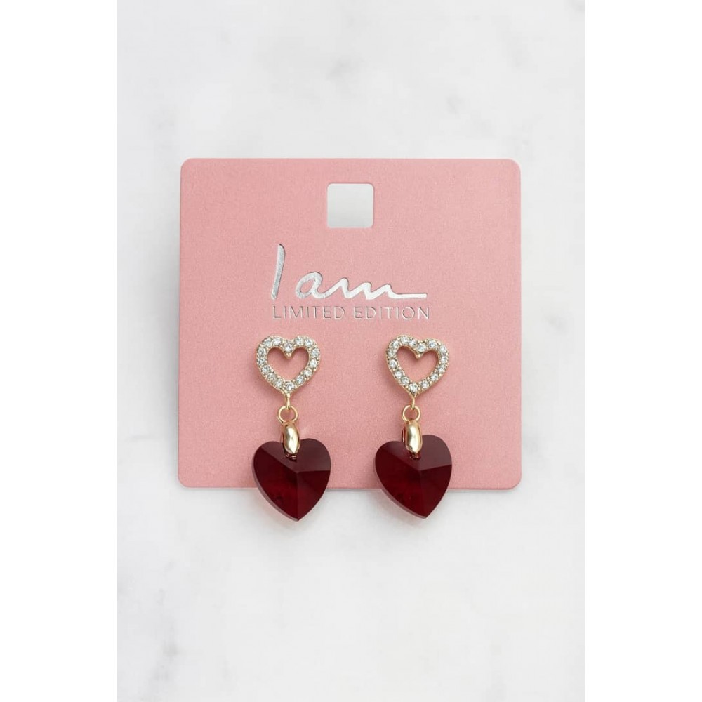 گوشواره میخی قلبی قرمز نگین دار برند I am