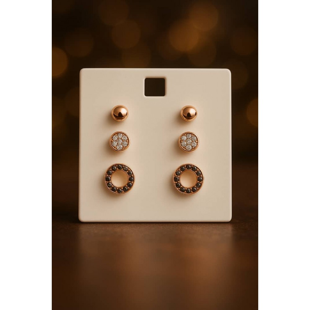 پک گوشواره میخی 3 عددی رزگلد نگین دار