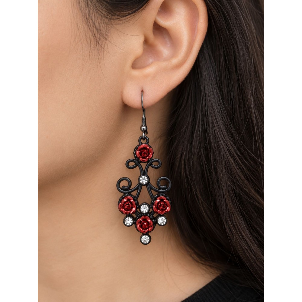گوشواره آویز فانتزی زنانه مشکی با طرح گل رز و نگین برند accessories