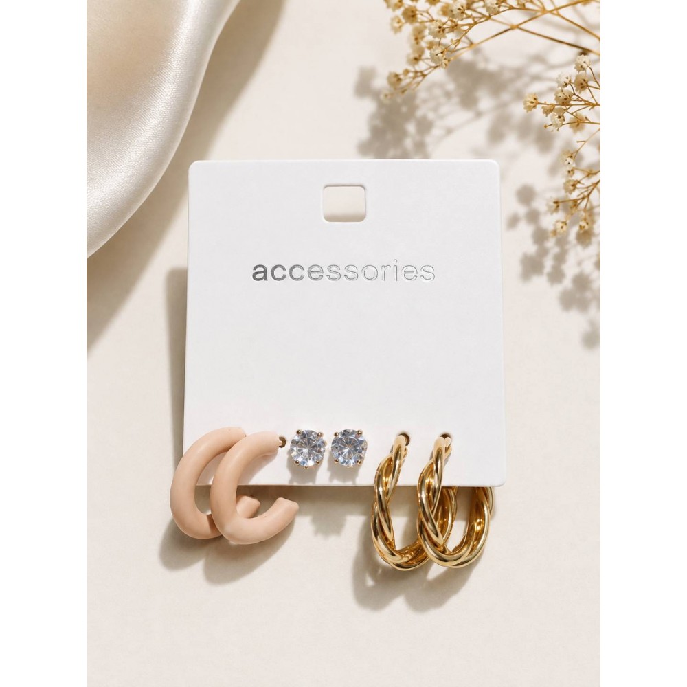 ست گوشواره سه جفتی نیم حلقه ای و میخی نگین دار برند accessories