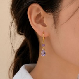 ست 2 عددی گوشواره طلایی با سنگ نیمه قیمتی آمیتیست برند I am