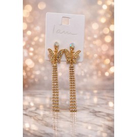 گوشواره مجلسی پروانه طلایی فول نگین با آویز کریستالی بلند برند I am