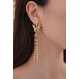 گوشواره مجلسی پروانه طلایی فول نگین با آویز کریستالی بلند برند I am