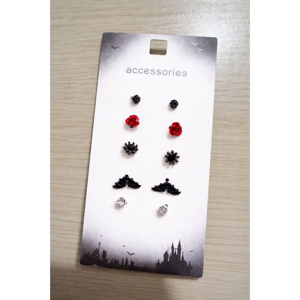 پک 5 عددی گوشواره میخی هالووینی طرح خفاش و گل رز برند accessories