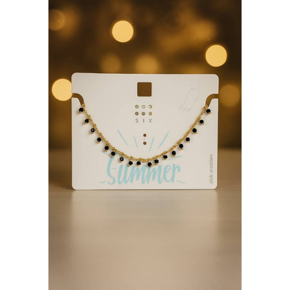 پابند طلایی رنگ ثابت با آویز مروارید های مشکی برند six